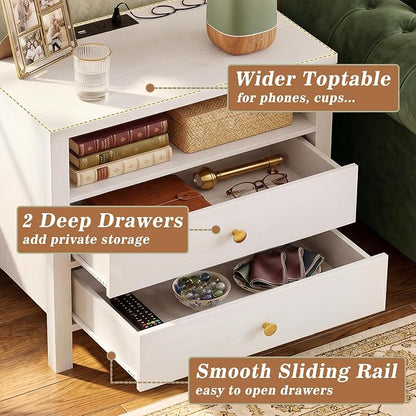 Aheaplus Nightstand with Charging Station, 23.6'' Large Bed Side Table with Wooden 2 Drawers, Night Stand for Bedroom, End Table with Open Storage Shelf for Living Room, Set of 2, White