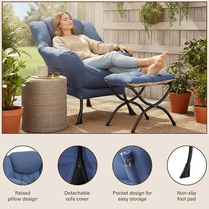 Welnow Lazy Chair with Ottoman, Modern Accent Chair with Armrests and a Side Pocket, Leisure Sofa Armchair, Reading Armchair with Footrest for Small Space, Royal Blue