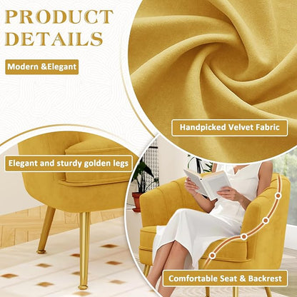 Andeworld Velvet Accent Chair, Upholstered Modern Single Sofa Side Chair,Comfy Barrel Club Living Room Armchair with Golden Metal Legs for Bedroom Living Reading Room Office, Yellow