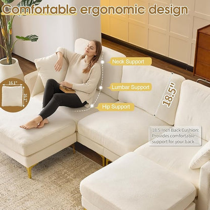 VINGLI 100" W U Shaped Couch with Ottoman, 22" Deep Seat Comfortable Sectional Couches for Living Room, 3 Seater Chenille Fabric Cloud Sofa for Apartment, Small Spaces, Bedroom, Beige