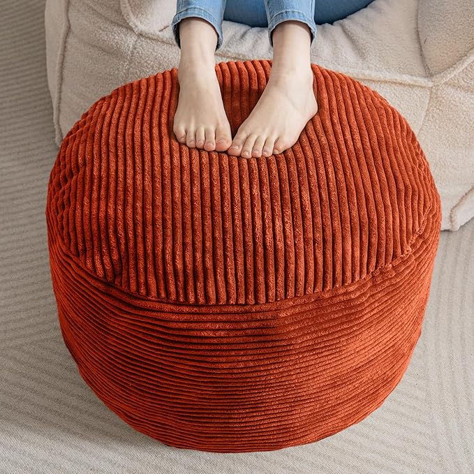HIGOGOGO Round Stuffed Pouf Ottoman, Corduroy Poufs with Foam Chunk Filling, Furry and Fluffy Pouf Foot Stool Storage Ottoman, 26 X 18 Floor Poufs Foot Rest for Living Room, Terra Cotta