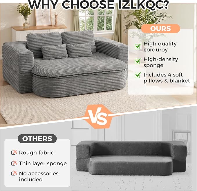 75" Boneless Couch Bed, Corduroy Fold Up Sleeper Sofa for Adults, Memory Foam Frameless Floor Couch with 4 Pillows & Blanket, No Assembly Foldable Guest Bed for Apartment,Living Room