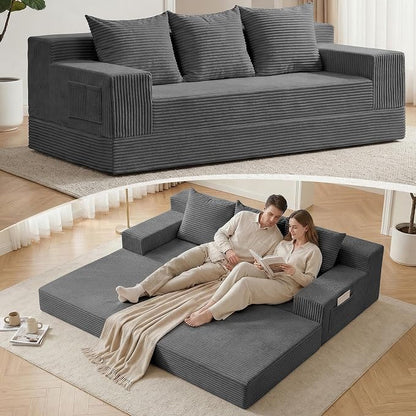 78.5” Convertible Sofa Bed,Corduroy 3 Seater Boneless Couch Bed Futon,Fold Out Couch with 3 Pillows,Loveseat Sleeper with Pull Out Bed for Living Room, Guest,Bedroom,Grey
