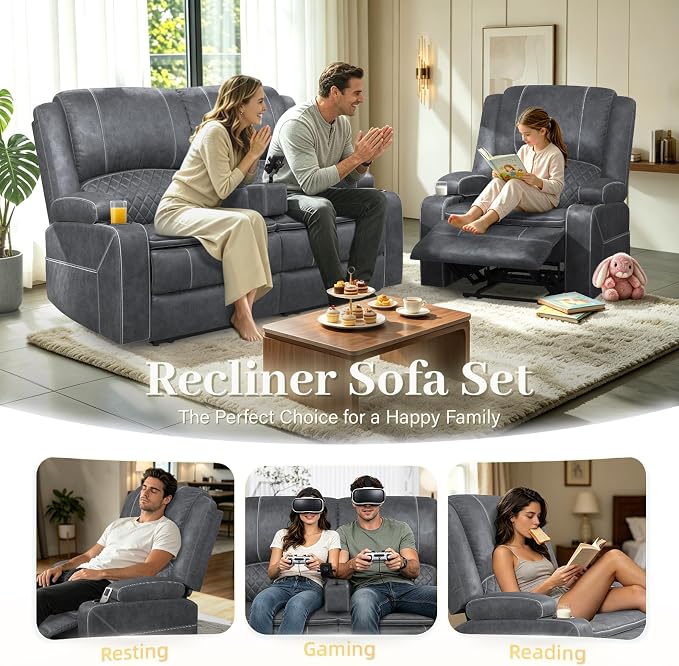 Yolsali Velvet Fabric Loveseat Recliner Sofa Set with 2-Tier Cushion, 2+1 Pieces in Living Room, 2 Seater Reclining Loveseat with Removable Console, 1 Oversize Recliner Chair Sofa Seat - Grey