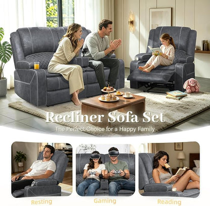 Yolsali Velvet Fabric Loveseat Recliner Sofa Set with 2-Tier Cushion, 2+1 Pieces in Living Room, 2 Seater Reclining Loveseat with Removable Console, 1 Oversize Recliner Chair Sofa Seat - Grey