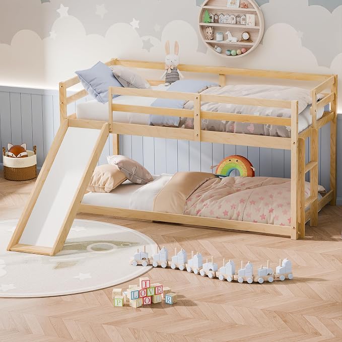 Bunk Bed with Slide, Wooden Bed Frame for Kids, Low Loft Bunk Bed Twin Over Twin with Ladders, Safety Guardrails for Kids, Toddlers, Boys, Girls, Teens, Bedroom (Natural)
