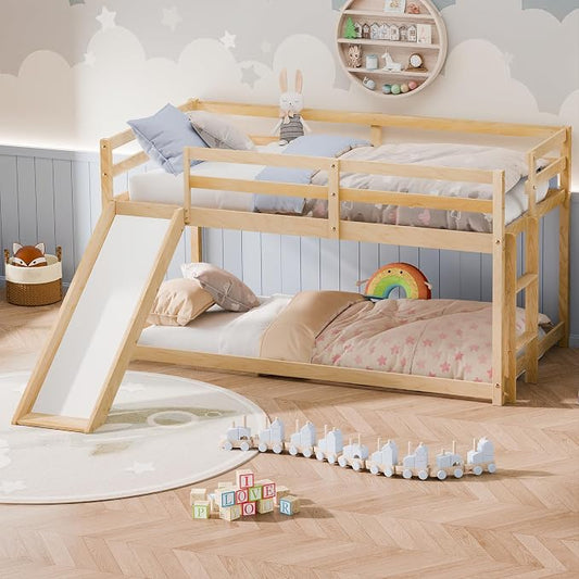 Bunk Bed with Slide, Wooden Bed Frame for Kids, Low Loft Bunk Bed Twin Over Twin with Ladders, Safety Guardrails for Kids, Toddlers, Boys, Girls, Teens, Bedroom (Natural)