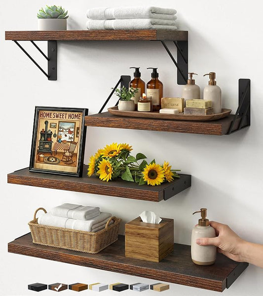 BAYKA Wall Shelves for Bathroom Decor, Floating Wall Shelves for Living Room Kitchen Storage, Mounted Rustic Wood Floating Shelves for Kids Books, Corner Shelf for Bedroom(Rustic Brown，Set of 4)