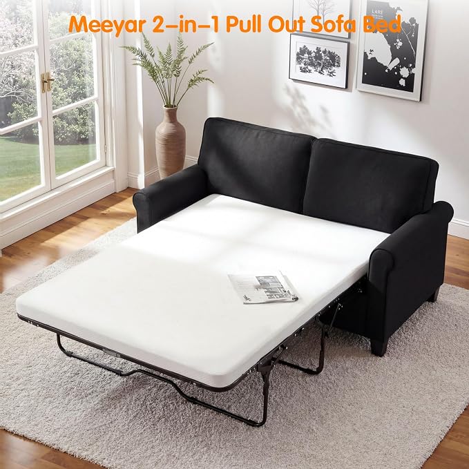 Pull Out Sofa Bed with Mattress, 57" Convertible Sofa Bed Loveseat, Twin Sleeper Sofa Couch with Pocketed Coil Seating, Upholstered Fabric Sofa Bed for Small Spaces,Black