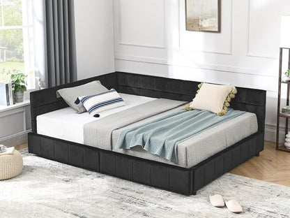 KEIKI Full Size L Shape Corner Bed Frames with 2 Storage Drawer, Backrest and Armrests, Velvet Upholstered Sofa Daybed for Small Room, Living Room, Bedroom, Guest Room, Kids' Room