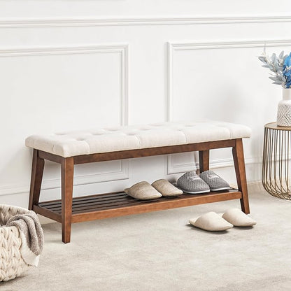kinmars Upholstered Bench for Bedroom End of Bed,42.5-inch Entryway Bench for Living Room,Dining Bench with Padded Seat and Solid Wood Leg for Kitchen Bedroom,Indoor and Hallway (Shoe Bench, Beige)