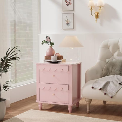 Anbuy Pink Nightstand Set of 2 with Petal Pattern, Modern Night Stand Set 2 with 2 Drawers for Bedroom, Side End Table Scalloped Bedside Night Tables with Solid Wood Legs