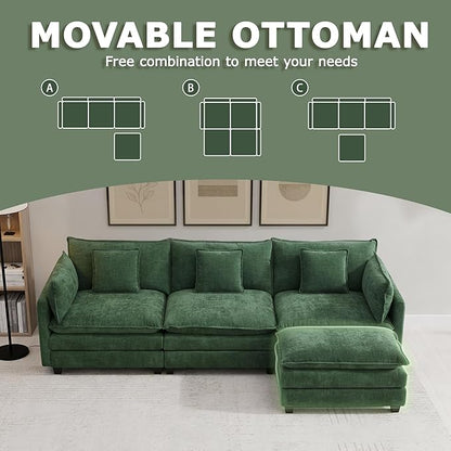 113” Modular Sectional Sofa, L Shaped Cloud Couches for Living Room, Green | Comfy Chenille, Deep Seat, Bedroom, Apartment, Throw Pillow, Removable Washable Cover, Movable Ottoman, Easy Assembly, Modern
