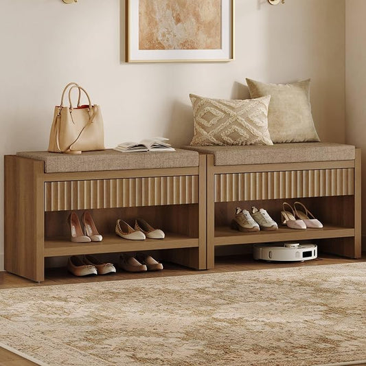 SICOTAS Fluted Shoe Bench with Drawers for Entryway Set of 2, Caramel Oak | Modern Fluted Design, 300 lb Capacity Per Bench, Comfortable Cushion, Spacious Drawer, Open Shoe Storage, Multi-Room Use