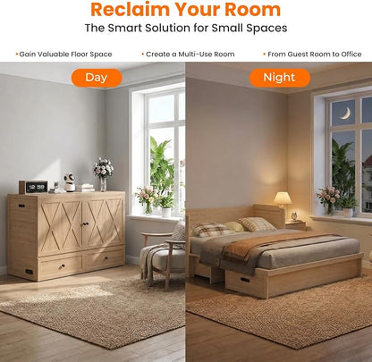 CECER Murphy Bed Queen with Mattress for Guest/Small Space-Natural Wood | Built-in Multi-Port Charging Station ＆ Large Storage Drawer，Space Saving ＆ Easy Assemble and Conversion