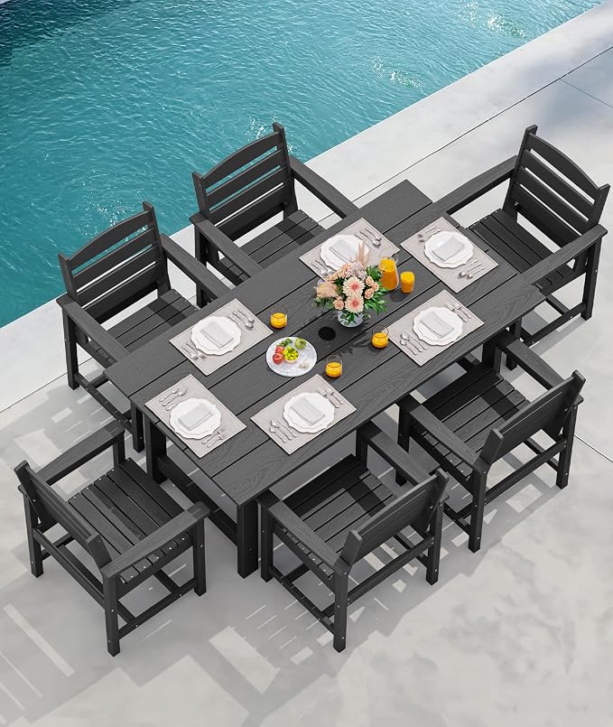 SERWALL 8-Piece Patio Dining Sets with 15FT Double Side Patio Umbrella, Outdoor HDPE Dining Furniture Set with Umbrella Hole Cut-Out Table and 6 Chairs, Black（Umbrella Base not Included）