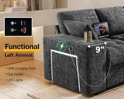 Vipbear 86" Modular Sectional Sleeper Sofa with Pull Out Bed, 5 Seat Chenille L Shaped Couch with USB Ports|Cup Holders|Side Table|Storage Loveseat, Tool Free Assembly, Grey
