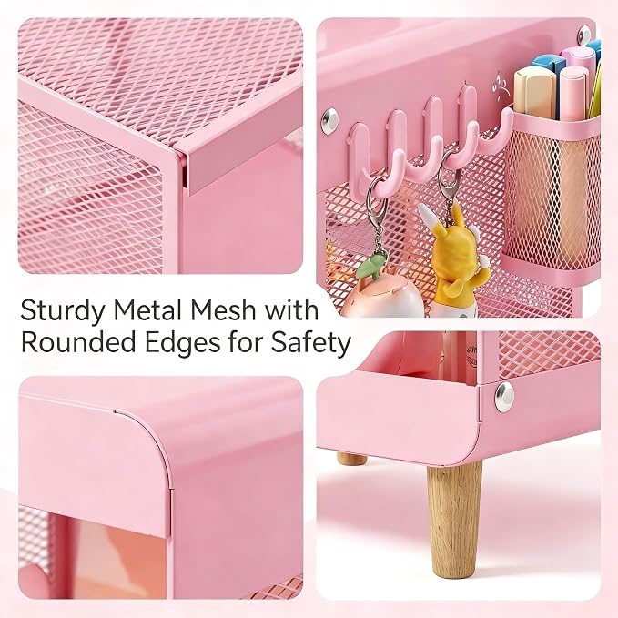 SYKIARIOL Kids Nightstand for Girls, Metal Bedside Table with 4 Hooks & Hanging Basket, 3-Tier Storage Shelf, Toddler Night Stand for Bedroom, Pink