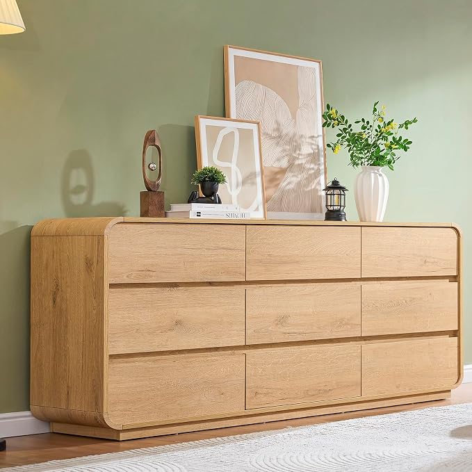 Standifurno Natural Dresser for Bedroom with 9 Drawers, 63" Wide Modern Drawers with Curved Design, Wood Drawer Organizer for Living Room, Hallway
