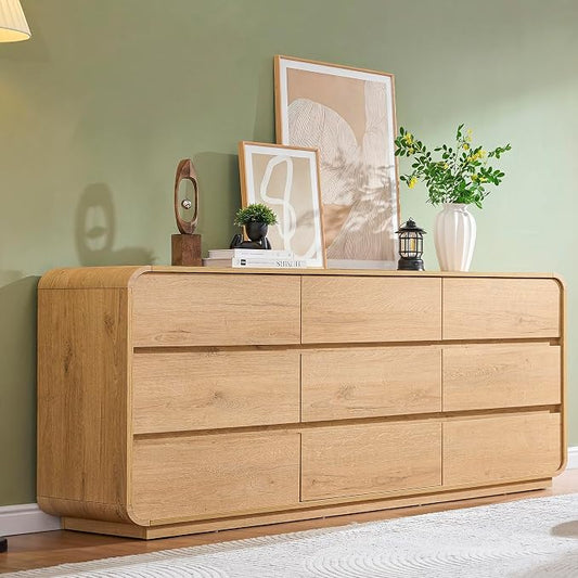 Standifurno Natural Dresser for Bedroom with 9 Drawers, 63" Wide Modern Drawers with Curved Design, Wood Drawer Organizer for Living Room, Hallway
