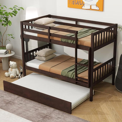 Merax Twin-Over-Twin Bunk Bed with Movable Trundle, Solid Wood Detachable Bunk Bed with Safety Guardrial and Ladder, Can be Converted Into 3 Separate Beds (Espresso)