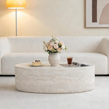 43.7" Oval Marble Coffee Table, Modern Round Coffee Tables, Faux Stone Center Tables, Small Accent Tea Table, Luxury Fiberglass Side End Table for Living Room Aparment Office, No Assembly