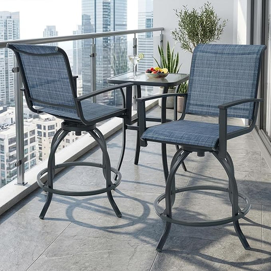 Kozyard Outdoor Swivel Bar Stools Set of 2, 360° Swivel Counter-Height Patio Bar Chairs with High Back, Powder-Coated Steel Frame & Textilene Fabric for Backyard, Balcony, Kitchen Island Navy Blue