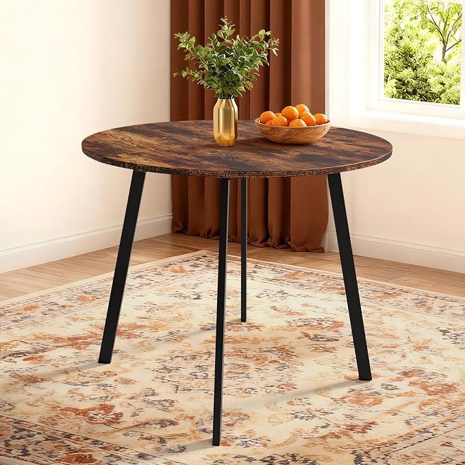 VINGLI Round Dining Table for 2-4, 35in Modern Dining Room Table with Metal Base, Brown Wooden Kitchen Table, Space-Saving, Small Space Circle Dinette for Home, Kitchen, Apartment