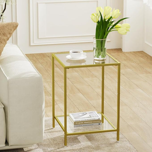 HOMSHO Side Tables Set of 2, End Table with Tempered Glass, 2-Tier Nightstands with Storage Shelves, Coffee Table with Modern Style, Square Sofa Table for Living Room, Bedroom, 15.7"D x 15.7"W, Gold