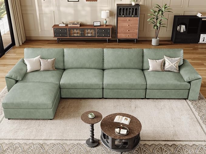EASE MOOSE Oversized Modular Sectional Sofa,Leather Sectional Couch with Deep Seat,Extra Large L Shaped Couch,Classic Comfy Scratch Resistant Faux Leather Material Sofa for Living Room,Green