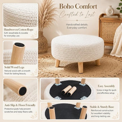 Wimarsbon Pouf Ottoman, 100% Cotton Knitted Boho Footstool, Round Footrest with Non-Skid Wood Legs, Home Décor Handmade Pouffe, Leisure Floor Step Stool for Living Room (20" White)