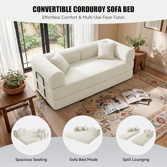 79" Convertible Sleeper Sofa Bed, Corduroy Boneless Fold-Out Couch in a Box, 4-in-1 Loveseat/Futon Couch, High-Density Foam, No Assembly, Side Pockets, 2 Pillows for Small Spaces, White