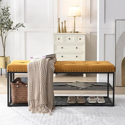 End of Bed Bench-Upholstered Entry Shoe Storage with Nailhead Trim,Black Mental Frame Ottoman Bench for Bedroom Entry Window Mudroom Living Room,Yellow