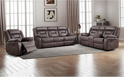 EBELLO Faux Leather Recliner Sofa Furniture Set for Living Room, Recliner Chair, Manual Loveseat, 3 Seat Recliniing Sofa Couch Set for Meeting Room, Grey