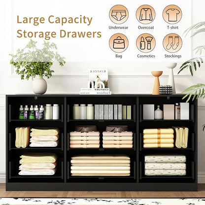 9 Drawer Dresser and Nightstand Sets for Bedroom, 3 Pcs Bedroom Set，Night Stand Set of 2 & 9 Drawer Dresser with Gold Handles, Modern Wood Chest of Drawers Storage Cabinet Set, Black