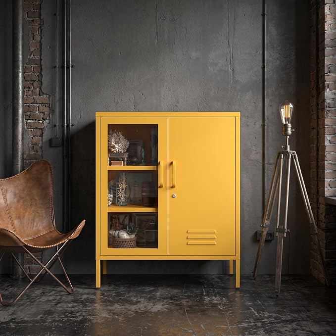 33" Tall Yellow Metal Locker Storage Cabinet with Lock Left Glass Door and Right Metal Door 2 Adjustable Shelves Steel Storage Organizer for Foyer Living Room Size：33" H X 29.5" W X 13.8" D