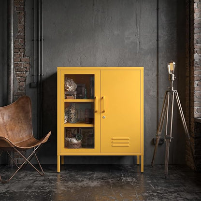 33" Tall Yellow Metal Locker Storage Cabinet with Lock Left Glass Door and Right Metal Door 2 Adjustable Shelves Steel Storage Organizer for Foyer Living Room Size：33" H X 29.5" W X 13.8" D