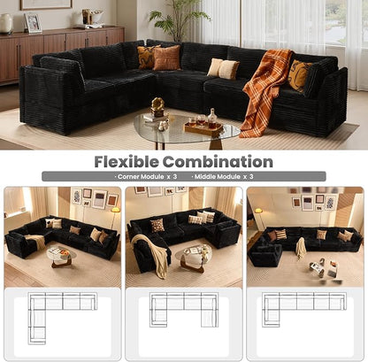 ovios Modular Sectional Sofa Couch with V-Shape Chaise Convertible, Comfy Plush Corduroy Cloud Couches, Modern Luxury Deep Seat Sofas Set for Living Room, 6-Seater, Black