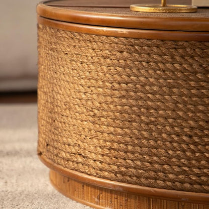 Round Rattan Coffee Table Set of 2 with Lift-Off Lid Storage, Boho-Chic End Table with Hand-Woven Hemp Rope Trim for Living Rooms, Compact Spaces