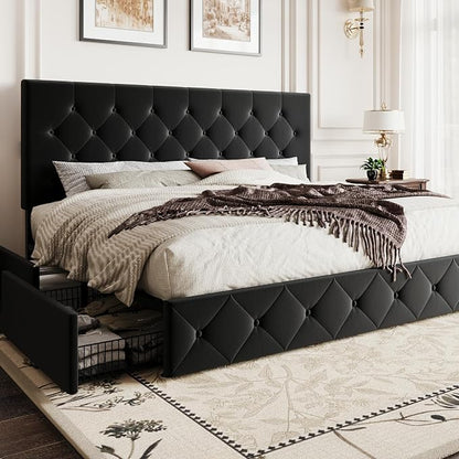 SHA CERLIN King Size Platform Bed Frame with 4 Oversized Storage Drawers, Adjustable Headboard with Velvet Upholstery, Diamond Button Tufted Design, Wooden Slat Support, No Box Spring Needed, Black