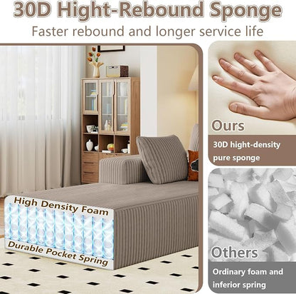 95" Cloud Sectional Couch U-Shaped Chaise with Ottoman, Corduroy Boneless Couch for Living Room Bedroom, Deep-Seat Upholstered Modular Cloud Sofa, No Assembly Required (Camel, Left Facing Chaise)