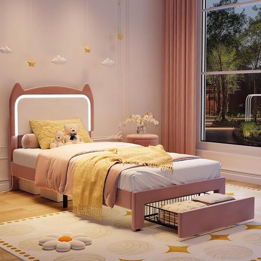 Garvee Twin Upholstered LED Bed Frame with Storage Drawer & Cute Cat Headboard, Velvet Princess Platform Bed Frame with Sturdy Wood Slats Support for Girls/Kids, No Box Spring Needed, Pink