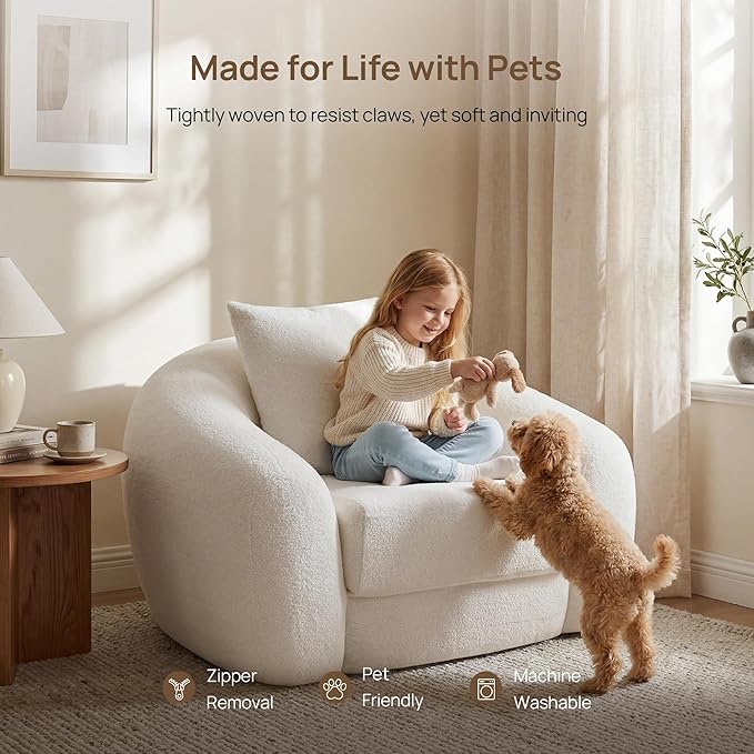SICOTAS 49.9" Curved Convertible Sofa Couch Bed for Living Room Futon Cloud Boneless Sleeper Chair Pull Out Floor Couch with Deep Seat Single Sofa Foam Lounger No Assembly for Bedroom Apartment, White