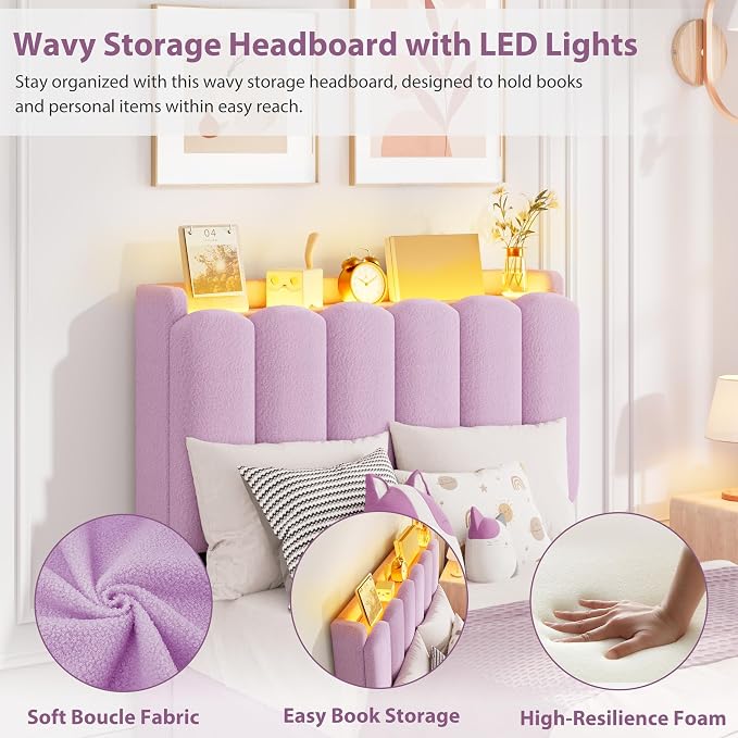 Garvee LED Twin XL Bed Frame with Storage Headboard, Kids Bed Frame with 2 Drawers, Boucle Upholstered Platform Bed for Girls, Chic Wavy Headboard with Bookcase, No Box Spring Needed, Purple