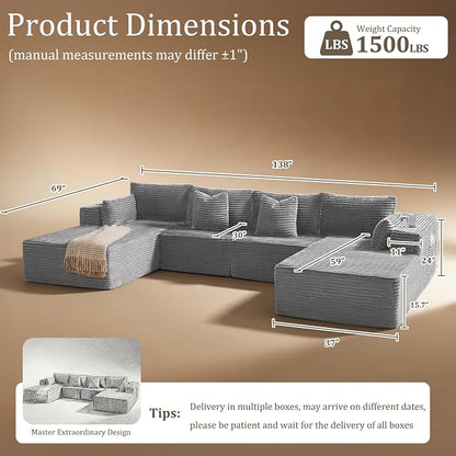 138" Cloud Sectional Couch, Comfort U Shaped Sofa for Living Room, Extra Deep Seats No Assembly, Minimalist Modular Couch, Corduroy (Light Grey, 6 Seats,U-Shape C)