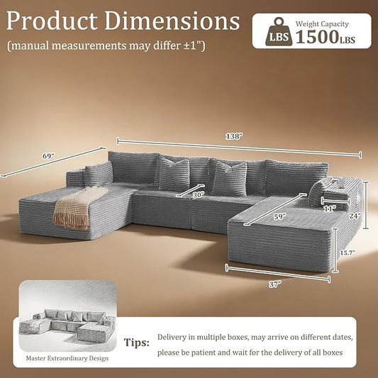 138" Cloud Sectional Couch, Comfort U Shaped Sofa for Living Room, Extra Deep Seats No Assembly, Minimalist Modular Couch, Corduroy (Light Grey, 6 Seats,U-Shape C)
