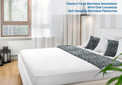 PlushDeluxe Premium Bamboo Mattress Protector – Twin XL Size, Waterproof, & Ultra Soft Breathable Noiseless Washable Bed Mattress Cover for Comfort & Protection - White