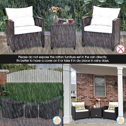 Tangkula 3 Pieces Patio Furniture Set, PE Rattan Wicker 3 Pcs Outdoor Sofa Set w/Washable Cushion and Tempered Glass Tabletop, Conversation Furniture for Garden Poolside Balcony (Beige)