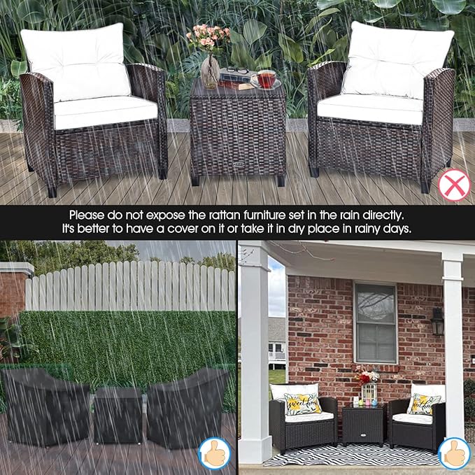COSTWAY 3PCS Patio Furniture Set, PE Rattan Wicker Sofa w/Washable Cushion and Coffee Table, Tempered Glass Tabletop, Outdoor Conversation Set for Balcony, Porch, Yard, Backyard, Lawn, Black