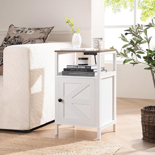 Yoobure Farmhouse NightStand with Charging Station，Wood Night Stand End Table with USB Ports, LED Bed Side Table with Storage Cabinet，Bedside Table for Bedroom, Living Room White
